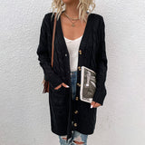 Casual Rib V Neck Button Up Long Sleeve Pocket Chunky Cable Knit Cardigan