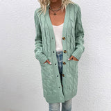 Casual Rib V Neck Button Up Long Sleeve Pocket Chunky Cable Knit Cardigan