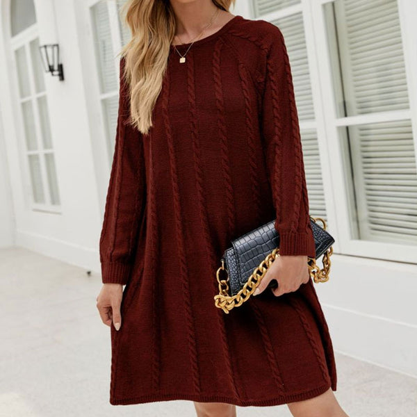 Casual Solid Color Round Neck Long Sleeve Cable Knit Winter Sweater Mini Dress