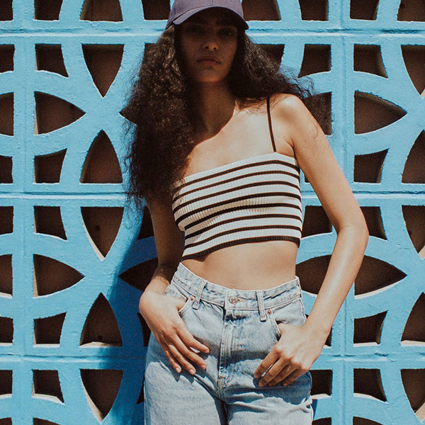 Chic Black and White Striped Print Spaghetti Strap Ribbed Knit Crop Top