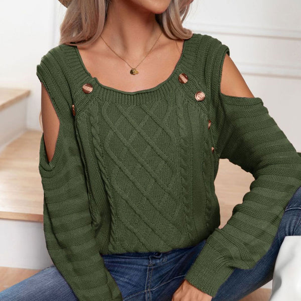 Chic Button Trim Round Neck Cold Shoulder Fisherman Cable Knit Pullover Sweater