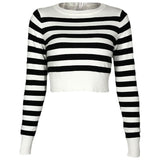 Chic Crew Neck Long Sleeve Black and White Striped Cropped Knit Sweater