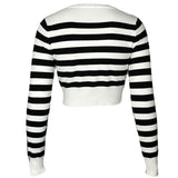 Chic Crew Neck Long Sleeve Black and White Striped Cropped Knit Sweater