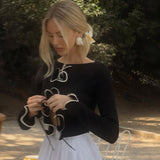 Chic Crew Neck Ruffle Trim Tie Front Long Sleeve Cropped Knit Cardigan