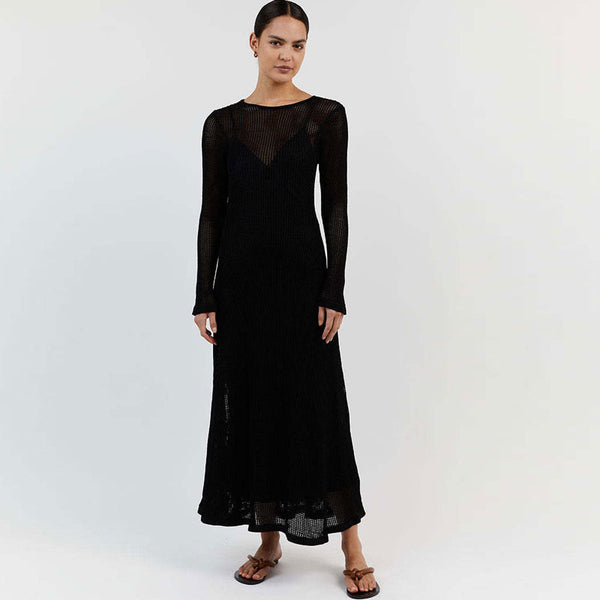 Chic Cutout Tie Back Round Neck Long Sleeve Crochet Knit Cover Up Maxi Dress