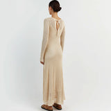Chic Cutout Tie Back Round Neck Long Sleeve Crochet Knit Cover Up Maxi Dress