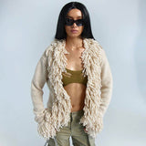 Chic Layered Fringe Trim Collarless Long Sleeve Open Front Knit Cardigan
