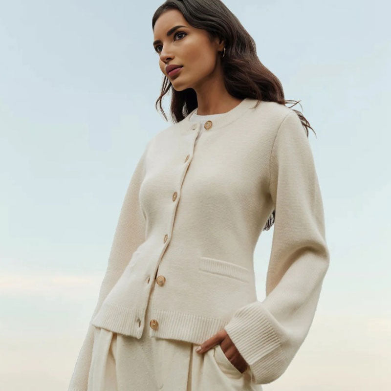 Chic Monochrome Ribbed Knit Crew Neck Bell Sleeve Button Front Cardiga ...