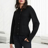 Chic Monochrome Ribbed Knit Crew Neck Bell Sleeve Button Front Cardigan
