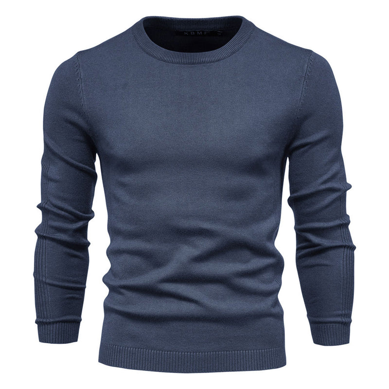 Chic Ribbed Knit Trim Crew Neck Long Sleeve Winter Men Pullover Sweater