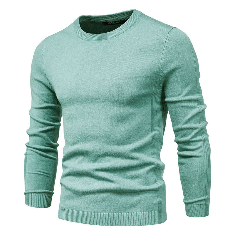 Chic Ribbed Knit Trim Crew Neck Long Sleeve Winter Men Pullover Sweater