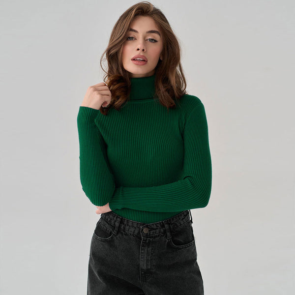 Chic Solid Turtleneck Long Sleeve Ribbed Knit Winter Fitted Pullover Sweater