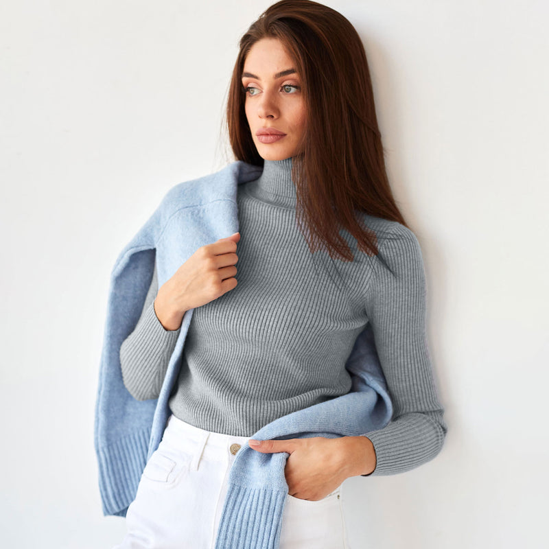 Chic Solid Turtleneck Long Sleeve Ribbed Knit Winter Fitted Pullover Sweater