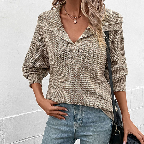 Chic Textured Marled Knit Collared V Neck Drop Shoulder Long Sleeve Pullover Sweater