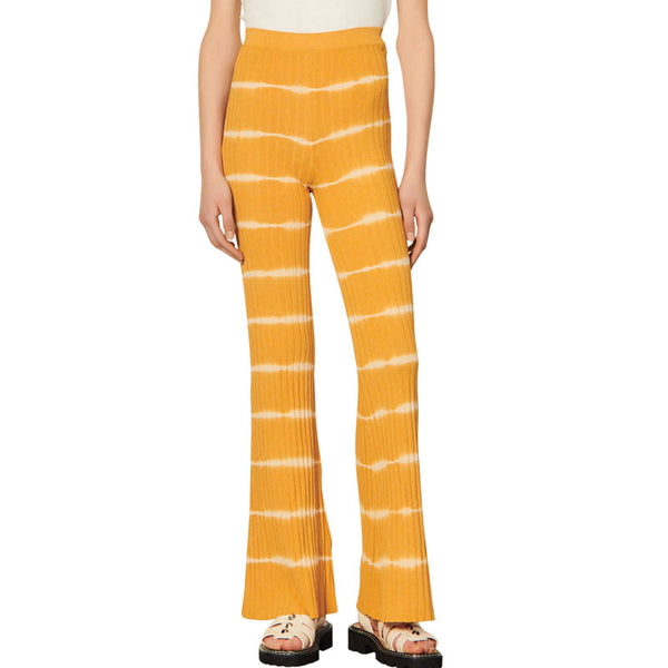 Chic Tie Dye Print High Waist Yellow Rib Knit Fitted Flared Pants