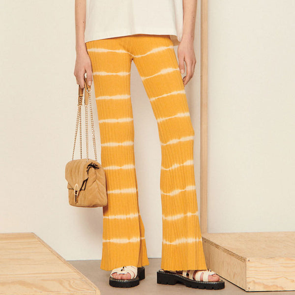 Chic Tie Dye Print High Waist Yellow Rib Knit Fitted Flared Pants