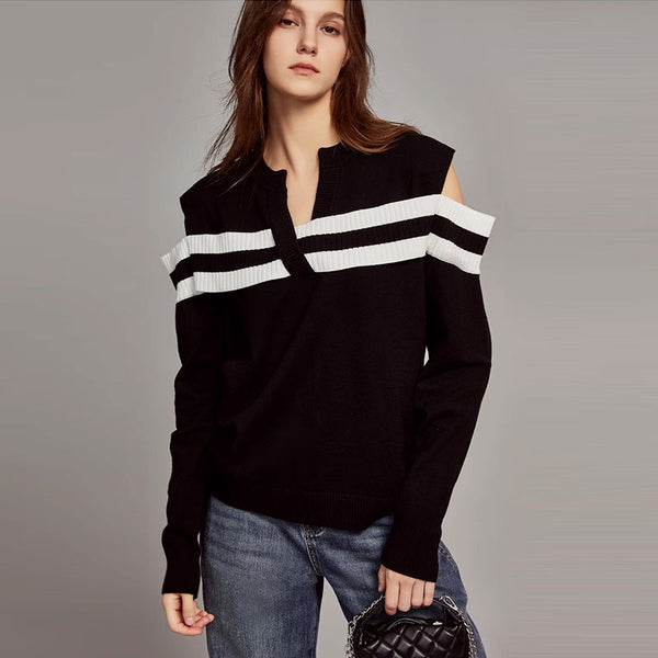 Chic V Neck Black and White Striped Cold Shoulder Long Sleeve Rib Knit Sweater