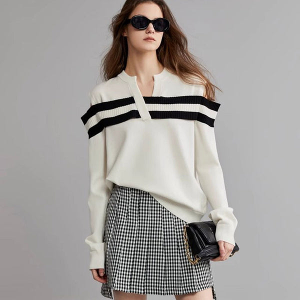 Chic V Neck Black and White Striped Cold Shoulder Long Sleeve Rib Knit Sweater