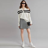 Chic V Neck Black and White Striped Cold Shoulder Long Sleeve Rib Knit Sweater