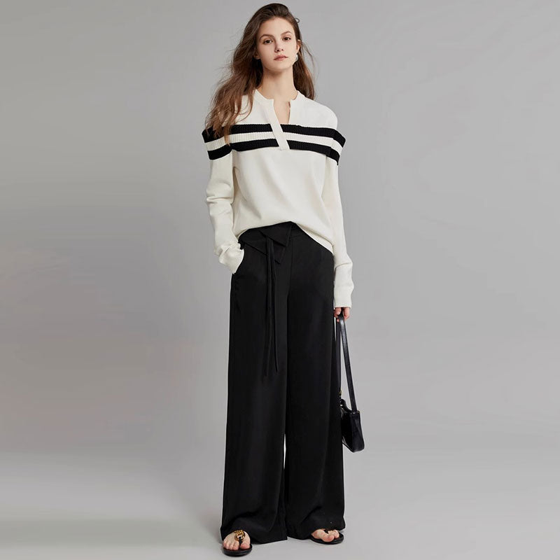 Chic V Neck Black and White Striped Cold Shoulder Long Sleeve Rib Knit Sweater