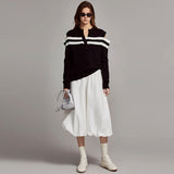 Chic V Neck Black and White Striped Cold Shoulder Long Sleeve Rib Knit Sweater