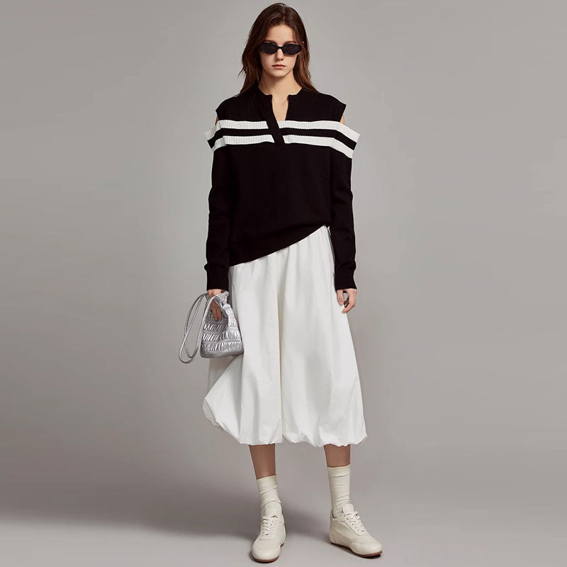 Chic V Neck Black and White Striped Cold Shoulder Long Sleeve Rib Knit Sweater