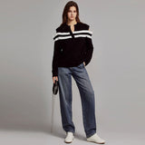 Chic V Neck Black and White Striped Cold Shoulder Long Sleeve Rib Knit Sweater