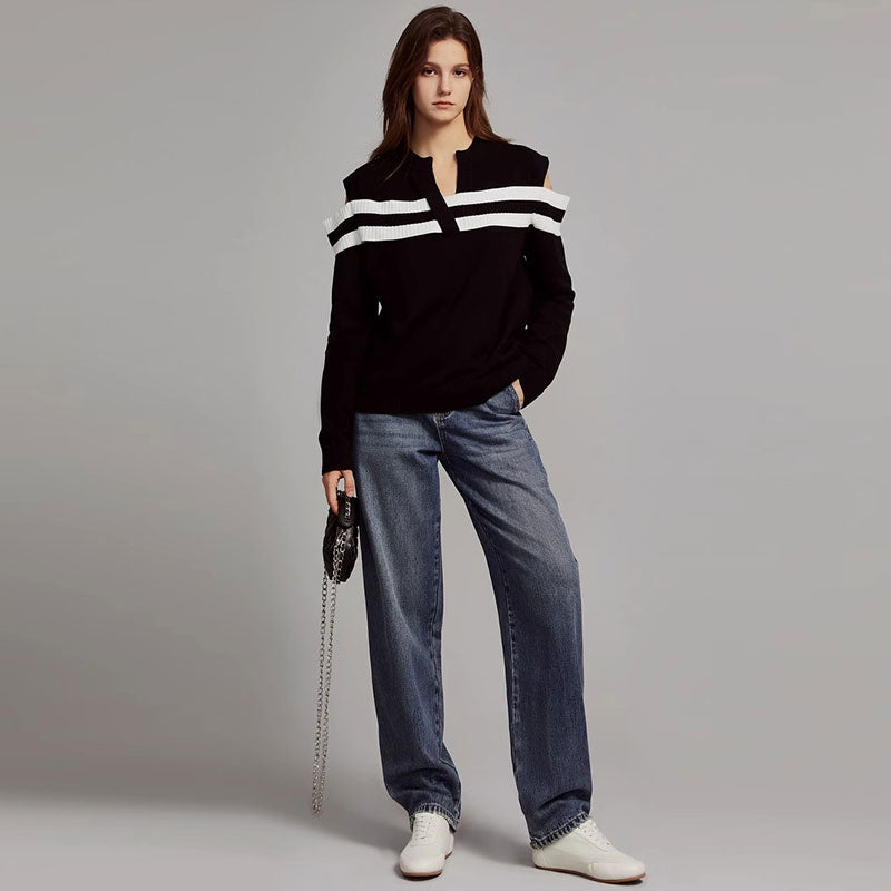 Chic V Neck Black and White Striped Cold Shoulder Long Sleeve Rib Knit Sweater