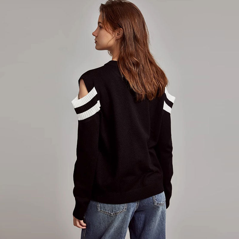 Chic V Neck Black and White Striped Cold Shoulder Long Sleeve Rib Knit Sweater