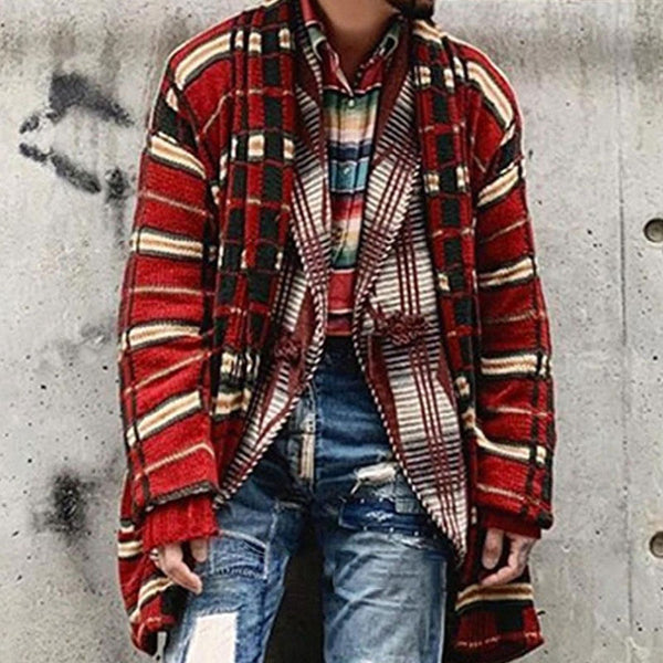 Christmas Checked Striped Shawl Collar Open Front Men Winter Long Knit Cardigan