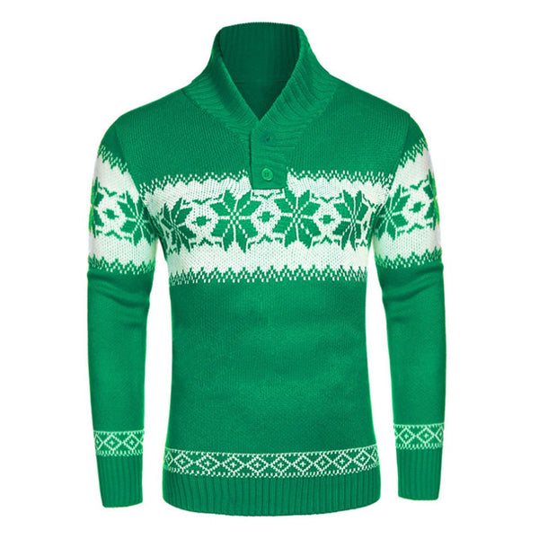 Christmas Nordic Fair Isle Button Front Mock Neck Long Sleeve Men Winter Sweater