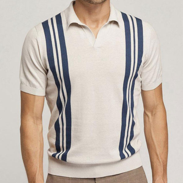Classic Color Block Striped Collared V Neck Short Sleeve Men Knit Shirt