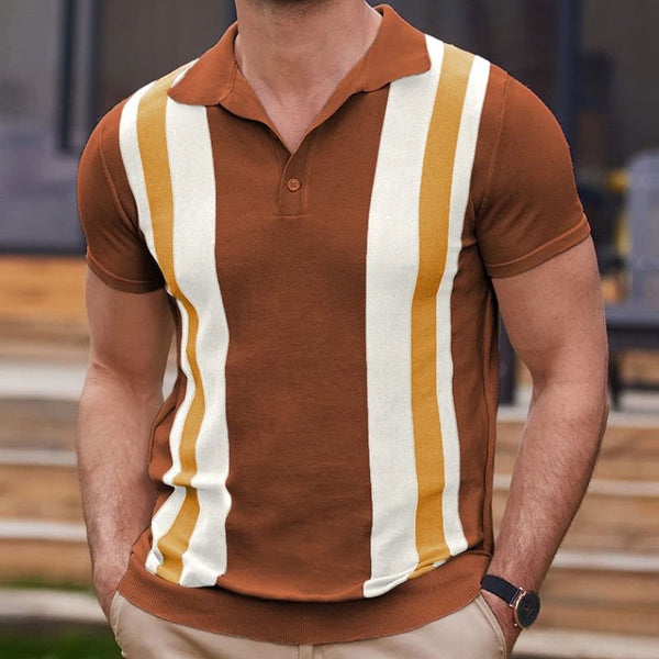 Classic Color Block Striped Spread Collar Half Button Short Sleeve Men Knit Shirt