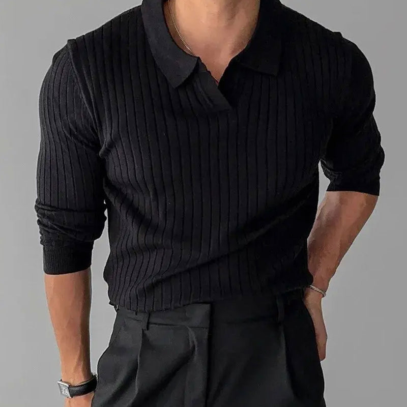 Classic Solid Color Collared Long Sleeve Men Ribbed Knit Sweater