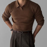 Classic Solid Color Collared Long Sleeve Men Ribbed Knit Sweater