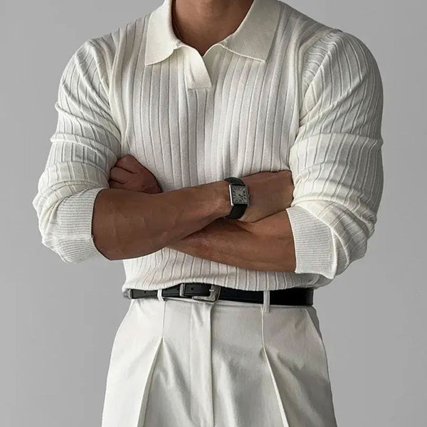 Classic Solid Color Collared Long Sleeve Men Ribbed Knit Sweater