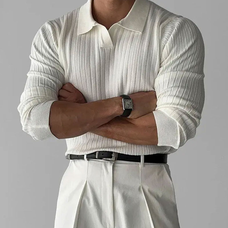 Classic Solid Color Collared Long Sleeve Men Ribbed Knit Sweater