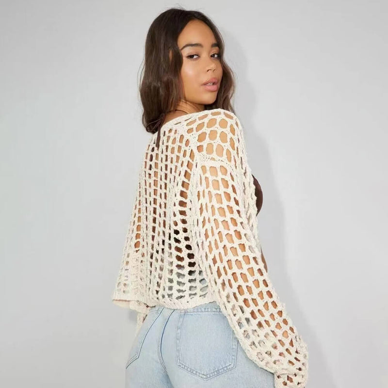 Coastal Open Front Long Sleeve Crochet Knit Summer Cover Up Crop Top