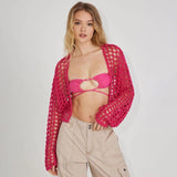 Coastal Open Front Long Sleeve Crochet Knit Summer Cover Up Crop Top