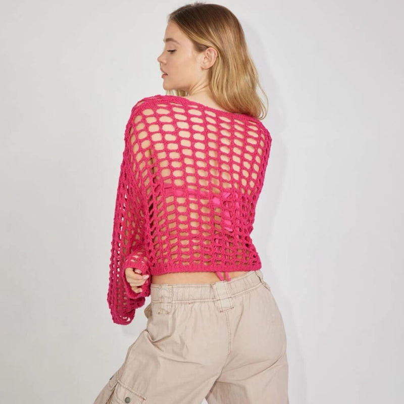 Coastal Open Front Long Sleeve Crochet Knit Summer Cover Up Crop Top