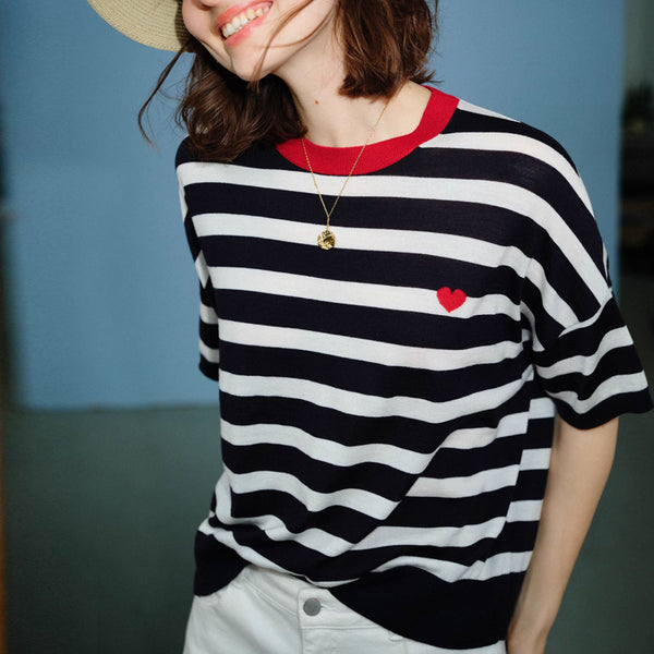 College Bold Rib Knit Crew Neck Love Pattern Short Sleeve Wool Blend Striped Sweater