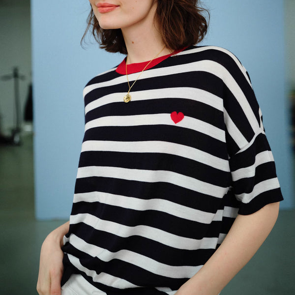 College Bold Rib Knit Crew Neck Love Pattern Short Sleeve Wool Blend Striped Sweater