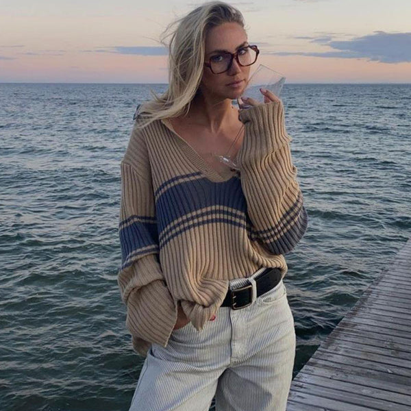 College Collared V Neck Oversized Striped Rib Knit Pullover Sweater