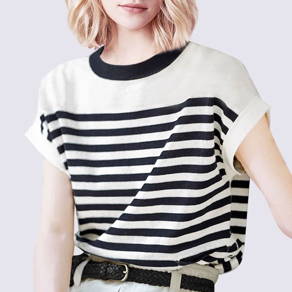 College Crew Neck Short Sleeve Black and White Striped Summer Knit Sweater