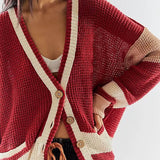 College Deep V Neck Button Up Contrast Striped Oversized Knit Cardigan