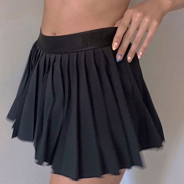 College High Waist A Line Pleated Ribbed Knit Mini Skirt