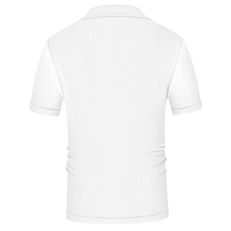 Colorblock Stripe Pointelle Knit Collared Short Sleeve Button Front Men Knit Shirt