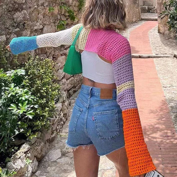 Colorful Color Block Long Sleeve Super Cropped Bolero Shrug Cardigan