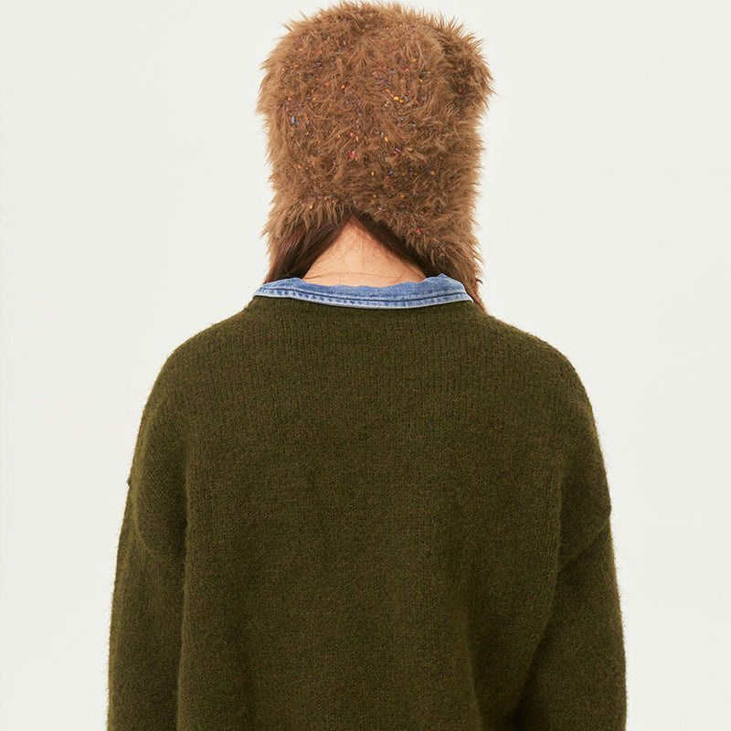 Colorful Dotted Yarn Wool Blend Fluffy Faux Fur Bear Ear Bonnet Cap