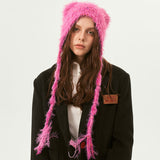Colorful Dotted Yarn Wool Blend Fluffy Faux Fur Bear Ear Bonnet Cap